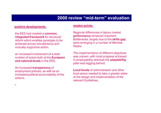 The Amsterdam Treaty  EES launch

strengthening of the Community approach to employment
                                                                  key elements :
1.   high level of employment as one of the key objectives,
2.   employment as a common concern.
3.   coordinated strategy for employment.
4.   priciple of mainstreaming employment policy,
5.   Joint Employment Report + Employment Guidelines for the Member States
6.   Commission may propose and the Council adopt ecommendations
7.   legal base for the analysis, research, exchange of best practice
8.   It enables decisions to be taken by qualified majority

     Luxembourg Jobs Summit of November 1997 anticipated the entry into
     force of the Treaty and launched the European Employment Strategy in
     its current form.
     Cardiff (June 1998), Cologne (June 1999), Lisbon (March 2000),
     Stockholm (October 2000) and Barcelona (March 2002).
 
