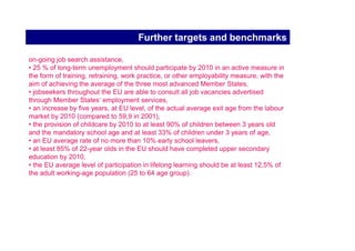 2005-2008 Employment Guidelines
         The new Employment Guidelines (2005-8) are eight and they fit within

                                   three priorities:
    1) attract and retain more people in employment, increase labour supply and
    modernise social protection systems;
    2) improve adaptability of workers and enterprises;
    3) increase investment in human capital through better education and skills

ambitious new programme of mutual learning
exchange of good practice and the Dissemination, including at regional level,

Combined with a better use of EU financial resources,
European Social Fund ,
 