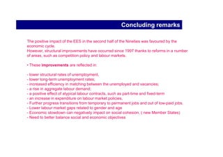 Further targets and benchmarks

on-going job search assistance,
• 25 % of long-term unemployment should participate by 2010 in an active measure in
the form of training, retraining, work practice, or other employability measure, with the
aim of achieving the average of the three most advanced Member States,
• jobseekers throughout the EU are able to consult all job vacancies advertised
through Member States‘ employment services,
• an increase by five years, at EU level, of the actual average exit age from the labour
market by 2010 (compared to 59,9 in 2001),
• the provision of childcare by 2010 to at least 90% of children between 3 years old
and the mandatory school age and at least 33% of children under 3 years of age,
• an EU average rate of no more than 10% early school leavers,
• at least 85% of 22-year olds in the EU should have completed upper secondary
education by 2010,
• the EU average level of participation in lifelong learning should be at least 12,5% of
the adult working-age population (25 to 64 age group).
 