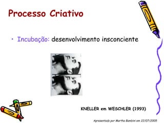 Processo   Criativo Incubação:  desenvolvimento insconciente KNELLER em WESCHLER (1993) Apresentado por Martha Bambini em 22/07/2005   