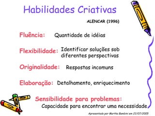 Habilidades Criativas Fluência:  Flexibilidade: Originalidade: Elaboração: Sensibilidade para problemas: ALENCAR (1996) Quantidade de idéias Identificar soluções sob diferentes perspectivas Respostas incomuns  Detalhamento, enriquecimento Capacidade para encontrar uma necessidade Apresentado por Martha Bambini em 22/07/2005   