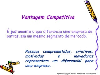 Vantagem Competitiva É justamente o que diferencia uma empresa de outras, em um mesmo segmento de mercado. Pessoas comprometidas, criativas, motivadas e inovadoras representam um diferencial para uma empresa. Apresentado por Martha Bambini em 22/07/2005   
