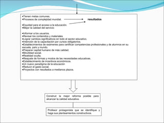 Tienen metas comunes. Procesos de complejidad mundial. resultados Equidad para el acceso a la educación. Mejor la calidad del servicio  Informar a los usuarios. Revisar los contenidos y materiales Lograr cambios significativos en todo el sector educativo. Intención de la capacitación por cursos obligatorios. Establecimientos de exámenes para certificar competencias profesionales y de alumnos en su escuela, país y mundo. Preparar capital humano de más calidad. Movilidad social. Realidad oculta. Reajuste de formas y modos de las necesidades educativas. Establecimiento de incentivos económicos. Un nuevo paradigma de la educación Reducir el gasto social. Proyectos con resultados a medianos plazos. Construir la mejor reforma posible para alcanzar la calidad educativa. Profesor protagonista que se identifique y haga sus planteamientos constructivos. 