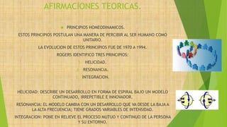 AFIRMACIONES TEORICAS.
 PRINCIPIOS HOMEODINAMICOS.
ESTOS PRINCIPIOS POSTULAN UNA MANERA DE PERCIBIR AL SER HUMANO COMO
UNITARIO.
LA EVOLUCION DE ESTOS PRINCIPIOS FUE DE 1970 A 1994.
ROGERS IDENTIFICO TRES PRINCIPIOS:
1. HELICIDAD.
2. RESONANCIA.
3. INTEGRACION.
HELICIDAD: DESCRIBE UN DESARROLLO EN FORMA DE ESPIRAL BAJO UN MODELO
CONTINUADO, IRREPETIBLE E INNOVADOR.
RESONANCIA: EL MODELO CAMBIA CON UN DESARROLLO QUE VA DESDE LA BAJA A
LA ALTA FRECUENCIA; TIENE GRADOS VARIABLES DE INTENSIDAD.
INTEGRACION: PONE EN RELIEVE EL PROCESO MUTUO Y CONTINUO DE LA PERSONA
Y SU ENTORNO.
 