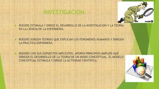 INVESTIGACION.
 ROGERS ESTIMULA Y DIRIGE EL DESARROLLO DE LA INVESTIGACION Y LA TEORIA
EN LA CIENCIA DE LA ENFERMERIA.
 ROGERS SURGEN TEORIAS QUE EXPLICAN LOS FENOMENOS HUMANOS Y DIRIGEN
LA PRACTICA ENFERMERA.
 ROGERS CON SUS SUPUESTOS IMPLICITOS, APORTA PRINCIPIOS AMPLIOS QUE
DIRIGEN EL DESARROLLO DE LA TEORIA DE UN MODO CONCEPTUAL. EL MODELO
CONCEPTUAL ESTIMULA Y DIRIGE LA ACTIVIDAD CIENTIFICA.
 