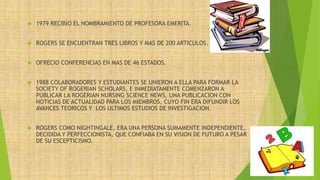  1979 RECIBIO EL NOMBRAMIENTO DE PROFESORA EMERITA.
 ROGERS SE ENCUENTRAN TRES LIBROS Y MAS DE 200 ARTICULOS.
 OFRECIO CONFERENCIAS EN MAS DE 46 ESTADOS.
 1988 COLABORADORES Y ESTUDIANTES SE UNIERON A ELLA PARA FORMAR LA
SOCIETY OF ROGERIAN SCHOLARS, E INMEDIATAMENTE COMENZARON A
PUBLICAR LA ROGERIAN NURSING SCIENCE NEWS, UNA PUBLICACION CON
NOTICIAS DE ACTUALIDAD PARA LOS MIEMBROS, CUYO FIN ERA DIFUNDIR LOS
AVANCES TEORICOS Y LOS ULTIMOS ESTUDIOS DE INVESTIGACION.
 ROGERS COMO NIGHTINGALE, ERA UNA PERSONA SUMAMENTE INDEPENDIENTE,
DECIDIDA Y PERFECCIONISTA, QUE CONFIABA EN SU VISION DE FUTURO A PESAR
DE SU ESCEPTICISMO.
 