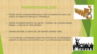 PANDIMENSIONALIDAD.
 ROGERS DEFINE LA PANDIMENSIONALIDAD COMO UN DOMINIO NO LINEAL QUE
CARECE DE ATRIBUTOS ESPACIALES O TEMPORALES.
 APORTA UN DOMINIO INFINITO, SIN LIMITES, Y EXPRESA, DE LA MEJOR MANERA
POSIBLE, LA IDEA DE UN TODO UNITARIO.
 NEWMAN DESCRIBE LA CIENCIA DEL SER HUMANO UNITARIO COMO.
 “ EL ESTUDIO DE LA EXPERIENCIA SENSITIVA E INTUITIVA DE LAS ENFERMERAS
DURANTE EL PROCESO MUTUO ENTRE ELLAS Y LAS PERSONAS QUE ATIENDEN.
 