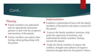 Conti..
Planning
 Family members can understand
and use appropriate interaction
patterns to deal with the symptoms
and emotions of the patient.
 Family members can express their
feelings about getting along with
the patient.
Implementation
 Establish a relationship of trust with the family
members of the patient and express concern for
the patient.
 Listen to the family members' emotions, help
guide the expression of emotions, and
understand the family members' feelings
towards the patient.
 Guide the family members to express the
conflicts, thoughts and catharsis of negative
emotions brought about by the patient’s illness.
 