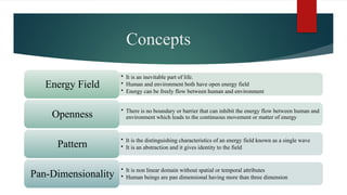 Concepts
• It is an inevitable part of life.
• Human and environment both have open energy field
• Energy can be freely flow between human and environment
Energy Field
• There is no boundary or barrier that can inhibit the energy flow between human and
environment which leads to the continuous movement or matter of energy
Openness
• It is the distinguishing characteristics of an energy field known as a single wave
• It is an abstraction and it gives identity to the field
Pattern
• It is non linear domain without spatial or temporal attributes
• Human beings are pan dimensional having more than three dimension
Pan-Dimensionality
 