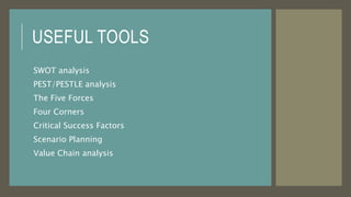 USEFUL TOOLS
SWOT analysis
PEST/PESTLE analysis
The Five Forces
Four Corners
Critical Success Factors
Scenario Planning
Value Chain analysis
 