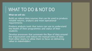 WHAT TO DO & NOT DO
What we will do:
Build up robust data sources that can be used to produce
reliable returns, analysis and meet operational
requirements
Produce analysis tools that tutors can use to understand
the health of their programmes and status of their
students
Develop processes that automate the flow of data around
the organisation and reduce the manual entry of data
from other teams to allow them to focus on delivering
value to stakeholders
 