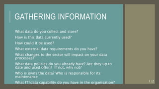 GATHERING INFORMATION
What data do you collect and store?
How is this data currently used?
How could it be used?
What exte...