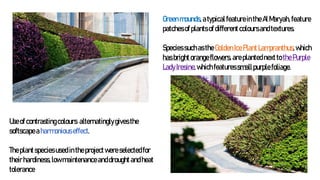 Greenmounds,atypicalfeatureintheAlMaryah,feature
patchesofplantsofdifferentcoloursandtextures.
SpeciessuchastheGoldenIcePlantLampranthus,which
hasbrightorangeflowers,areplantednexttothePurple
LadyIresine,whichfeaturessmallpurplefoliage.
Useof contrastingcolours alternatinglygivesthe
softscapeaharmoniouseffect.
Theplantspeciesusedintheprojectwereselectedfor
theirhardiness,lowmaintenanceanddroughtandheat
tolerance
 