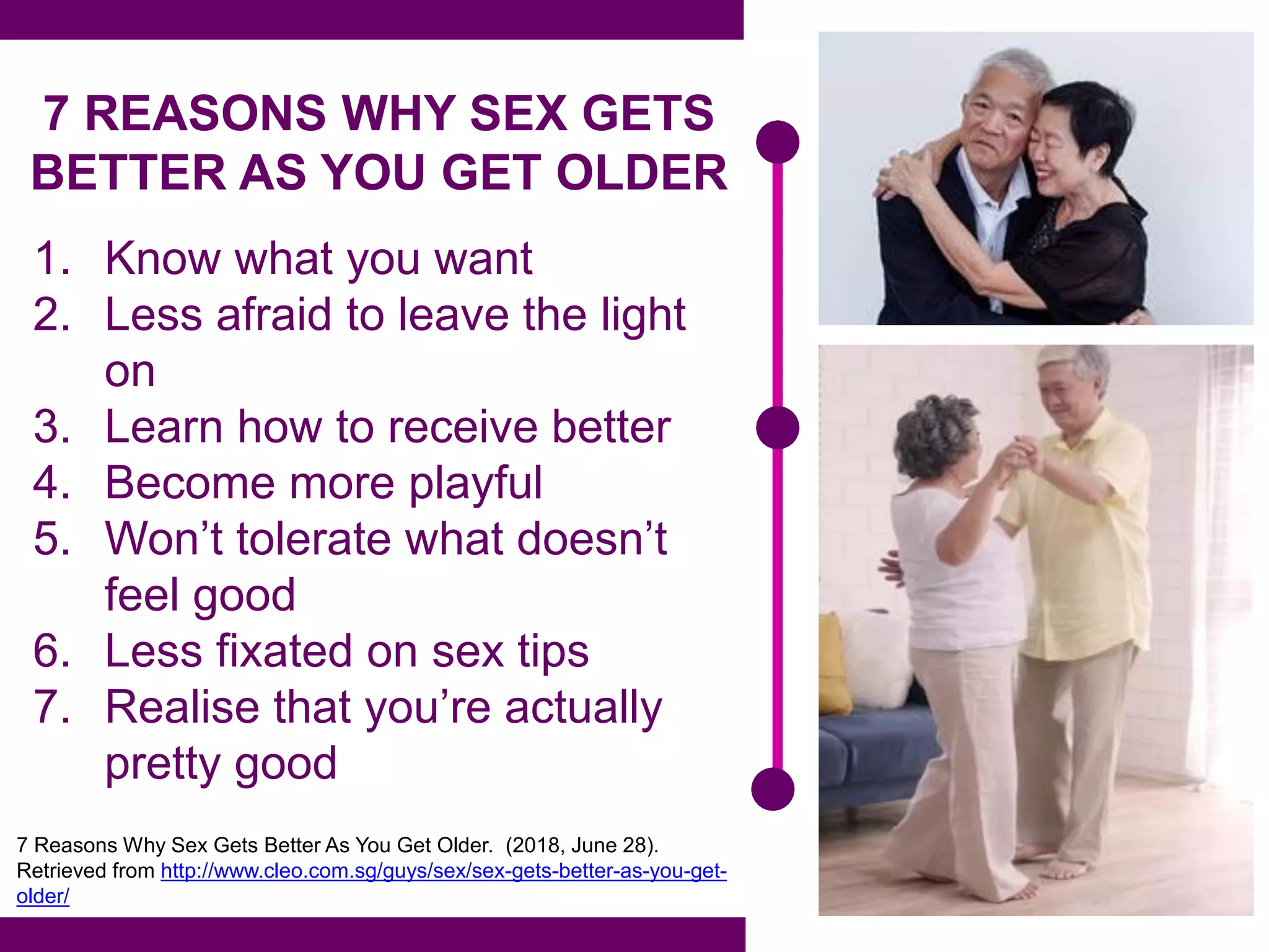 7 REASONS WHY SEX GETS
BETTER AS YOU GET OLDER
1. Know what you want
2. Less afraid to leave the light
on
3. Learn how to receive better
4. Become more playful
5. Won’t tolerate what doesn’t
feel good
6. Less fixated on sex tips
7. Realise that you’re actually
pretty good
7 Reasons Why Sex Gets Better As You Get Older. (2018, June 28).
Retrieved from http://www.cleo.com.sg/guys/sex/sex-gets-better-as-you-get-
older/
 