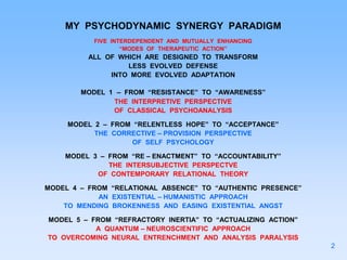 MY PSYCHODYNAMIC SYNERGY PARADIGM
FIVE INTERDEPENDENT AND MUTUALLY ENHANCING
“MODES OF THERAPEUTIC ACTION”
ALL OF WHICH ARE DESIGNED TO TRANSFORM
LESS EVOLVED DEFENSE
INTO MORE EVOLVED ADAPTATION
MODEL 1 – FROM “RESISTANCE” TO “AWARENESS”
THE INTERPRETIVE PERSPECTIVE
OF CLASSICAL PSYCHOANALYSIS
MODEL 2 – FROM “RELENTLESS HOPE” TO “ACCEPTANCE”
THE CORRECTIVE – PROVISION PERSPECTIVE
OF SELF PSYCHOLOGY
MODEL 3 – FROM “RE – ENACTMENT” TO “ACCOUNTABILITY”
THE INTERSUBJECTIVE PERSPECTVE
OF CONTEMPORARY RELATIONAL THEORY
MODEL 4 – FROM “RELATIONAL ABSENCE” TO “AUTHENTIC PRESENCE”
AN EXISTENTIAL – HUMANISTIC APPROACH
TO MENDING BROKENNESS AND EASING EXISTENTIAL ANGST
MODEL 5 – FROM “REFRACTORY INERTIA” TO “ACTUALIZING ACTION”
A QUANTUM – NEUROSCIENTIFIC APPROACH
TO OVERCOMING NEURAL ENTRENCHMENT AND ANALYSIS PARALYSIS
2
 