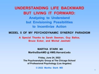 UNDERSTANDING LIFE BACKWARD
BUT LIVING IT FORWARD:
Analyzing to Understand
but Envisioning Possibilities
to Incentivize Action
MODEL 5 OF MY PSYCHODYNAMIC SYNERGY PARADIGM
A Special Thanks to Sarah Seeman, Guy Balice,
Bruce Ecker, and Michał Jasiński
MARTHA STARK MD
MarthaStarkMD @ HMS.Harvard.edu
Friday, June 24, 2022
The Psychoanalytic Group at The Chicago School
of Professional Psychology (Los Angeles)
© 2022 Martha Stark MD
1
 