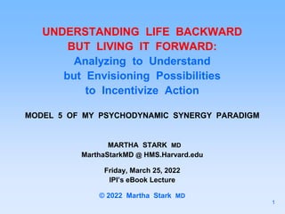 UNDERSTANDING LIFE BACKWARD
BUT LIVING IT FORWARD:
Analyzing to Understand
but Envisioning Possibilities
to Incentivize Action
MODEL 5 OF MY PSYCHODYNAMIC SYNERGY PARADIGM
MARTHA STARK MD
MarthaStarkMD @ HMS.Harvard.edu
Friday, March 25, 2022
IPI’s eBook Lecture
© 2022 Martha Stark MD
1
 