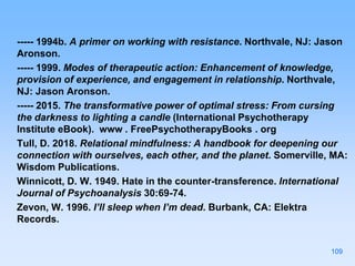 ----- 1994b. A primer on working with resistance. Northvale, NJ: Jason
Aronson.
----- 1999. Modes of therapeutic action: Enhancement of knowledge,
provision of experience, and engagement in relationship. Northvale,
NJ: Jason Aronson.
----- 2015. The transformative power of optimal stress: From cursing
the darkness to lighting a candle (International Psychotherapy
Institute eBook). www . FreePsychotherapyBooks . org
Tull, D. 2018. Relational mindfulness: A handbook for deepening our
connection with ourselves, each other, and the planet. Somerville, MA:
Wisdom Publications.
Winnicott, D. W. 1949. Hate in the counter-transference. International
Journal of Psychoanalysis 30:69-74.
Zevon, W. 1996. I’ll sleep when I’m dead. Burbank, CA: Elektra
Records.
109
 