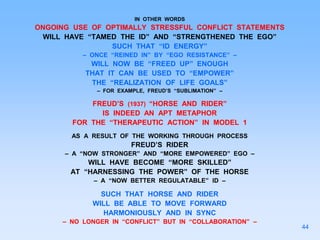 IN OTHER WORDS
ONGOING USE OF OPTIMALLY STRESSFUL CONFLICT STATEMENTS
WILL HAVE “TAMED THE ID” AND “STRENGTHENED THE EGO”
SUCH THAT “ID ENERGY”
– ONCE “REINED IN” BY “EGO RESISTANCE” –
WILL NOW BE “FREED UP” ENOUGH
THAT IT CAN BE USED TO “EMPOWER”
THE “REALIZATION OF LIFE GOALS”
– FOR EXAMPLE, FREUD’S “SUBLIMATION” –
FREUD’S (1937) “HORSE AND RIDER”
IS INDEED AN APT METAPHOR
FOR THE “THERAPEUTIC ACTION” IN MODEL 1
AS A RESULT OF THE WORKING THROUGH PROCESS
FREUD’S RIDER
– A “NOW STRONGER” AND “MORE EMPOWERED” EGO –
WILL HAVE BECOME “MORE SKILLED”
AT “HARNESSING THE POWER” OF THE HORSE
– A “NOW BETTER REGULATABLE” ID –
SUCH THAT HORSE AND RIDER
WILL BE ABLE TO MOVE FORWARD
HARMONIOUSLY AND IN SYNC
– NO LONGER IN “CONFLICT” BUT IN “COLLABORATION” –
44
 