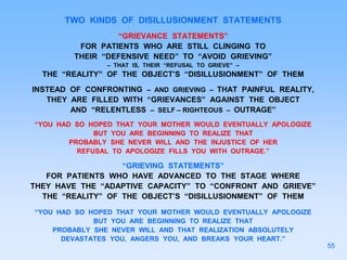 TWO KINDS OF DISILLUSIONMENT STATEMENTS
“GRIEVANCE STATEMENTS”
FOR PATIENTS WHO ARE STILL CLINGING TO
THEIR “DEFENSIVE NEED” TO “AVOID GRIEVING”
– THAT IS, THEIR “REFUSAL TO GRIEVE” –
THE “REALITY” OF THE OBJECT’S “DISILLUSIONMENT” OF THEM
INSTEAD OF CONFRONTING – AND GRIEVING – THAT PAINFUL REALITY,
THEY ARE FILLED WITH “GRIEVANCES” AGAINST THE OBJECT
AND “RELENTLESS – SELF – RIGHTEOUS – OUTRAGE”
“YOU HAD SO HOPED THAT YOUR MOTHER WOULD EVENTUALLY APOLOGIZE
BUT YOU ARE BEGINNING TO REALIZE THAT
PROBABLY SHE NEVER WILL AND THE INJUSTICE OF HER
REFUSAL TO APOLOGIZE FILLS YOU WITH OUTRAGE.”
“GRIEVING STATEMENTS”
FOR PATIENTS WHO HAVE ADVANCED TO THE STAGE WHERE
THEY HAVE THE “ADAPTIVE CAPACITY” TO “CONFRONT AND GRIEVE”
THE “REALITY” OF THE OBJECT’S “DISILLUSIONMENT” OF THEM
“YOU HAD SO HOPED THAT YOUR MOTHER WOULD EVENTUALLY APOLOGIZE
BUT YOU ARE BEGINNING TO REALIZE THAT
PROBABLY SHE NEVER WILL AND THAT REALIZATION ABSOLUTELY
DEVASTATES YOU, ANGERS YOU, AND BREAKS YOUR HEART.”
55
 