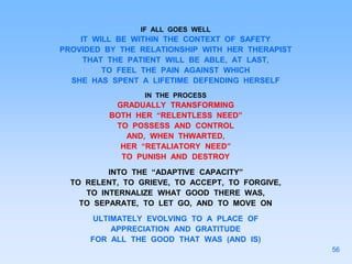 IF ALL GOES WELL
IT WILL BE WITHIN THE CONTEXT OF SAFETY
PROVIDED BY THE RELATIONSHIP WITH HER THERAPIST
THAT THE PATIENT WILL BE ABLE, AT LAST,
TO FEEL THE PAIN AGAINST WHICH
SHE HAS SPENT A LIFETIME DEFENDING HERSELF
IN THE PROCESS
GRADUALLY TRANSFORMING
BOTH HER “RELENTLESS NEED”
TO POSSESS AND CONTROL
AND, WHEN THWARTED,
HER “RETALIATORY NEED”
TO PUNISH AND DESTROY
INTO THE “ADAPTIVE CAPACITY”
TO RELENT, TO GRIEVE, TO ACCEPT, TO FORGIVE,
TO INTERNALIZE WHAT GOOD THERE WAS,
TO SEPARATE, TO LET GO, AND TO MOVE ON
ULTIMATELY EVOLVING TO A PLACE OF
APPRECIATION AND GRATITUDE
FOR ALL THE GOOD THAT WAS (AND IS)
56
 