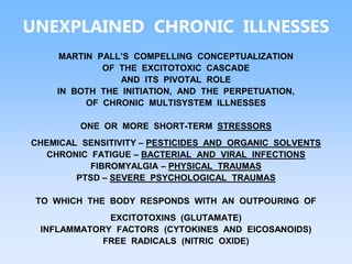 UNEXPLAINED CHRONIC ILLNESSES
MARTIN PALL’S COMPELLING CONCEPTUALIZATION
OF THE EXCITOTOXIC CASCADE
AND ITS PIVOTAL ROLE
IN BOTH THE INITIATION, AND THE PERPETUATION,
OF CHRONIC MULTISYSTEM ILLNESSES
ONE OR MORE SHORT-TERM STRESSORS
CHEMICAL SENSITIVITY – PESTICIDES AND ORGANIC SOLVENTS
CHRONIC FATIGUE – BACTERIAL AND VIRAL INFECTIONS
FIBROMYALGIA – PHYSICAL TRAUMAS
PTSD – SEVERE PSYCHOLOGICAL TRAUMAS
TO WHICH THE BODY RESPONDS WITH AN OUTPOURING OF
EXCITOTOXINS (GLUTAMATE)
INFLAMMATORY FACTORS (CYTOKINES AND EICOSANOIDS)
FREE RADICALS (NITRIC OXIDE)
 