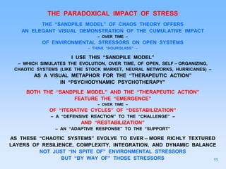 THE PARADOXICAL IMPACT OF STRESS
THE “SANDPILE MODEL” OF CHAOS THEORY OFFERS
AN ELEGANT VISUAL DEMONSTRATION OF THE CUMULATIVE IMPACT
– OVER TIME –
OF ENVIRONMENTAL STRESSORS ON OPEN SYSTEMS
– THINK “HOURGLASS” –
I USE THIS “SANDPILE MODEL”
– WHICH SIMULATES THE EVOLUTION, OVER TIME, OF OPEN, SELF – ORGANIZING,
CHAOTIC SYSTEMS (LIKE THE STOCK MARKET, NEURAL NETWORKS, HURRICANES) –
AS A VISUAL METAPHOR FOR THE “THERAPEUTIC ACTION”
IN “PSYCHODYNAMIC PSYCHOTHERAPY”
BOTH THE “SANDPILE MODEL” AND THE “THERAPEUTIC ACTION”
FEATURE THE “EMERGENCE”
– OVER TIME –
OF “ITERATIVE CYCLES” OF “DESTABILIZATION”
– A “DEFENSIVE REACTION” TO THE “CHALLENGE” –
AND “RESTABILIZATION”
– AN “ADAPTIVE RESPONSE” TO THE “SUPPORT”
AS THESE “CHAOTIC SYSTEMS” EVOLVE TO EVER – MORE RICHLY TEXTURED
LAYERS OF RESILIENCE, COMPLEXITY, INTEGRATION, AND DYNAMIC BALANCE
NOT JUST “IN SPITE OF” ENVIRONMENTAL STRESSORS
BUT “BY WAY OF” THOSE STRESSORS 11
 