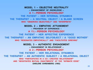 MODEL 1 – OBJECTIVE NEUTRALITY
– ENHANCEMENT OF KNOWLEDGE –
A 1 – PERSON PSYCHOLOGY
THE PATIENT – HER INTERNAL DYNAMICS
THE THERAPIST – A NEUTRAL OBJECT / A BLANK SCREEN
WHO “OBSERVES OBJECTIVELY” AND “INTERPRETS”
MODEL 2 – EMPATHIC ATTUNEMENT
– PROVISION OF EXPERIENCE –
A 1½ – PERSON PSYCHOLOGY
THE PATIENT – HER AFFECTIVE EXPERIENCE
THE THERAPIST – AN EMPATHIC SELFOBJECT / A “GOOD MOTHER”
WHO “RESONATES EMPATHICALLY” AND “FACILITATES GRIEVING”
MODEL 3 – AUTHENTIC ENGAGEMENT
– ENGAGEMENT IN RELATIONSHIP –
A 2 – PERSON PSYCHOLOGY
THE PATIENT – HER RELATIONAL DYNAMICS
THE THERAPIST – AN AUTHENTIC SUBJECT / A RELATIONAL OBJECT
WHO “PARTICIPATES IN A CO – CREATED RELATIONSHIP”
AND “NEGOTIATES MUTUAL ENACTMENTS” AT THE “INTIMATE EDGE”
DARLENE EHRENBERG (1992)
26
 