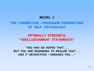 MODEL 2
THE CORRECTIVE – PROVISION PERSPECTIVE
OF SELF PSYCHOLOGY
OPTIMALLY STRESSFUL
“DISILLUSIONMENT STATEMENTS”
“YOU HAD SO HOPED THAT … ,
BUT YOU ARE BEGINNING TO REALIZE THAT … ,
AND IT DEVASTATES / ENRAGES YOU … ”
77
 