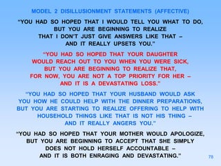 MODEL 2 DISILLUSIONMENT STATEMENTS (AFFECTIVE)
“YOU HAD SO HOPED THAT I WOULD TELL YOU WHAT TO DO,
BUT YOU ARE BEGINNING TO REALIZE
THAT I DON’T JUST GIVE ANSWERS LIKE THAT –
AND IT REALLY UPSETS YOU.”
“YOU HAD SO HOPED THAT YOUR DAUGHTER
WOULD REACH OUT TO YOU WHEN YOU WERE SICK,
BUT YOU ARE BEGINNING TO REALIZE THAT,
FOR NOW, YOU ARE NOT A TOP PRIORITY FOR HER –
AND IT IS A DEVASTATING LOSS.”
“YOU HAD SO HOPED THAT YOUR HUSBAND WOULD ASK
YOU HOW HE COULD HELP WITH THE DINNER PREPARATIONS,
BUT YOU ARE STARTING TO REALIZE OFFERING TO HELP WITH
HOUSEHOLD THINGS LIKE THAT IS NOT HIS THING –
AND IT REALLY ANGERS YOU.”
“YOU HAD SO HOPED THAT YOUR MOTHER WOULD APOLOGIZE,
BUT YOU ARE BEGINNING TO ACCEPT THAT SHE SIMPLY
DOES NOT HOLD HERSELF ACCOUNTABLE –
AND IT IS BOTH ENRAGING AND DEVASTATING.” 78
 