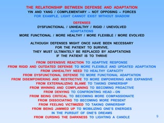 THE RELATIONSHIP BETWEEN DEFENSE AND ADAPTATION
YIN AND YANG / COMPLEMENTARY – NOT OPPOSING – FORCES
FOR EXAMPLE, LIGHT CANNOT EXIST WITHOUT SHADOW
DEFENSES
DYSFUNCTIONAL / UNHEALTHY / RIGID / UNEVOLVED
ADAPTATIONS
MORE FUNCTIONAL / MORE HEALTHY / MORE FLEXIBLE / MORE EVOLVED
ALTHOUGH DEFENSES MIGHT ONCE HAVE BEEN NECESSARY
FOR THE PATIENT TO SURVIVE,
THEY MUST ULTIMATELY BE REPLACED BY ADAPTATIONS
IF THE PATIENT IS TO THRIVE
FROM DEFENSIVE REACTION TO ADAPTIVE RESPONSE
FROM RIGID AND OUTDATED DEFENSE TO MORE FLEXIBLE AND UPDATED ADAPTATION
FROM UNHEALTHY NEED TO HEALTHY CAPACITY
FROM DYSFUNCTIONAL DEFENSE TO MORE FUNCTIONAL ADAPTATION
FROM DISEMPOWERING AND RESTRICTIVE TO MORE EMPOWERING AND EXPANSIVE
FROM EXTERNALIZING BLAME TO TAKING OWNERSHIP
FROM WHINING AND COMPLAINING TO BECOMING PROACTIVE
FROM DENYING TO CONFRONTING HEAD – ON
FROM BEING CRITICAL TO BECOMING MORE COMPASSIONATE
FROM DISSOCIATING TO BECOMING MORE PRESENT
FROM FEELING VICTIMIZED TO TAKING OWNERSHIP
FROM BEING JAMMED UP TO MOBILIZING ONE’S ENERGIES
IN THE PURSUIT OF ONE’S DREAMS
FROM CURSING THE DARKNESS TO LIGHTING A CANDLE 9
 