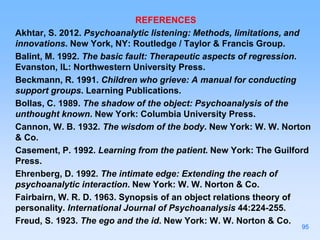 REFERENCES
Akhtar, S. 2012. Psychoanalytic listening: Methods, limitations, and
innovations. New York, NY: Routledge / Taylor & Francis Group.
Balint, M. 1992. The basic fault: Therapeutic aspects of regression.
Evanston, IL: Northwestern University Press.
Beckmann, R. 1991. Children who grieve: A manual for conducting
support groups. Learning Publications.
Bollas, C. 1989. The shadow of the object: Psychoanalysis of the
unthought known. New York: Columbia University Press.
Cannon, W. B. 1932. The wisdom of the body. New York: W. W. Norton
& Co.
Casement, P. 1992. Learning from the patient. New York: The Guilford
Press.
Ehrenberg, D. 1992. The intimate edge: Extending the reach of
psychoanalytic interaction. New York: W. W. Norton & Co.
Fairbairn, W. R. D. 1963. Synopsis of an object relations theory of
personality. International Journal of Psychoanalysis 44:224-255.
Freud, S. 1923. The ego and the id. New York: W. W. Norton & Co.
95
 