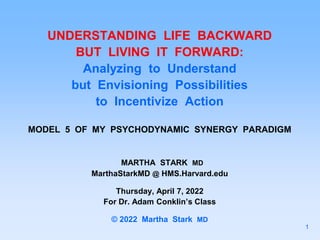 UNDERSTANDING LIFE BACKWARD
BUT LIVING IT FORWARD:
Analyzing to Understand
but Envisioning Possibilities
to Incentivize Action
MODEL 5 OF MY PSYCHODYNAMIC SYNERGY PARADIGM
MARTHA STARK MD
MarthaStarkMD @ HMS.Harvard.edu
Thursday, April 7, 2022
For Dr. Adam Conklin’s Class
© 2022 Martha Stark MD
1
 