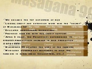We became the top exporters of rice 6 Key Industries of the Philippines Liberal credit and extension work was the “secret” of Masagana 99 Educated agricultural technicians Provided farmers with full credit support After 3 years, the Philippines experienced its highest productivity increase in rice production (1976-1985) Masagana 99 uplifted the lives of the farmers Mobilized government resources to help the farmers in rural areas (helicopters, etc..) 