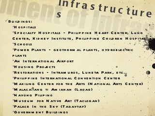 Development of Infrastructures Buildings: Hospitals Specialty Hospitals – Philippine Heart Center, Lung Center, Kidney Institute, Philippine Children Hospital Schools Power Plants – geothermal plants, hydroelectric plants An International Airport Housing Projects Restorations – Intramuros, Luneta Park, etc… Philippine International Convention Center Makiling Center for the Arts (National Arts Center) Malacañang ti Amianan (Laoag) Nayong Pilipino Museum for Native Art (Tacloban) Palace In the Sky (Tagaytay) Government Buildings 