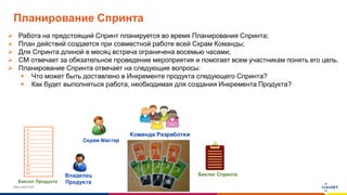 www.luxoft.com
Планирование Спринта
 Работа на предстоящий Спринт планируется во время Планирования Спринта;
 План действий создается при совместной работе всей Скрам Команды;
 Для Спринта длиной в месяц встреча ограничена восемью часами;
 СM отвечает за обязательное проведение мероприятия и помогает всем участникам понять его цель.
 Планирование Спринта отвечает на следующие вопросы:
 Что может быть доставлено в Инкременте продукта следующего Спринта?
 Как будет выполняться работа, необходимая для создания Инкремента Продукта?
 