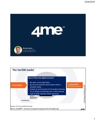 25/06/2019
1
Martijn Adams
General Manager EMEA
martijn.adams@4me.com
The VeriSM model
How to find new digital services?
• Be open, encourage ideas,
• go out and educate others about what is
possible today,
• Create an environment of innovative thinking,
• Try to design something new or alternatively,
• look at what urgently needs replacing
 