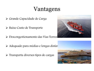 Vantagens
 Grande Capacidade de Carga
 Baixo Custo de Transporte
 Descongestionamento das Vias Terrestres
 Adequado para médias e longas distâncias
 Transporta diversos tipos de cargas
 