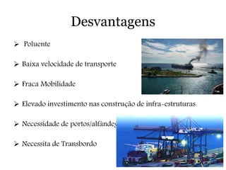 Desvantagens
 Poluente
 Baixa velocidade de transporte
 Fraca Mobilidade
 Elevado investimento nas construção de infra-estruturas
 Necessidade de portos/alfândegas.
 Necessita de Transbordo
 