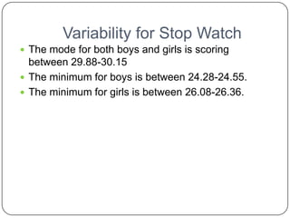 Variability for Stop Watch
 The mode for both boys and girls is scoring
  between 29.88-30.15
 The minimum for boys is between 24.28-24.55.
 The minimum for girls is between 26.08-26.36.
 
