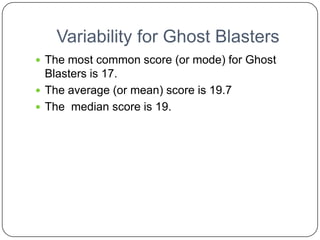 Variability for Ghost Blasters
 The most common score (or mode) for Ghost
  Blasters is 17.
 The average (or mean) score is 19.7
 The median score is 19.
 