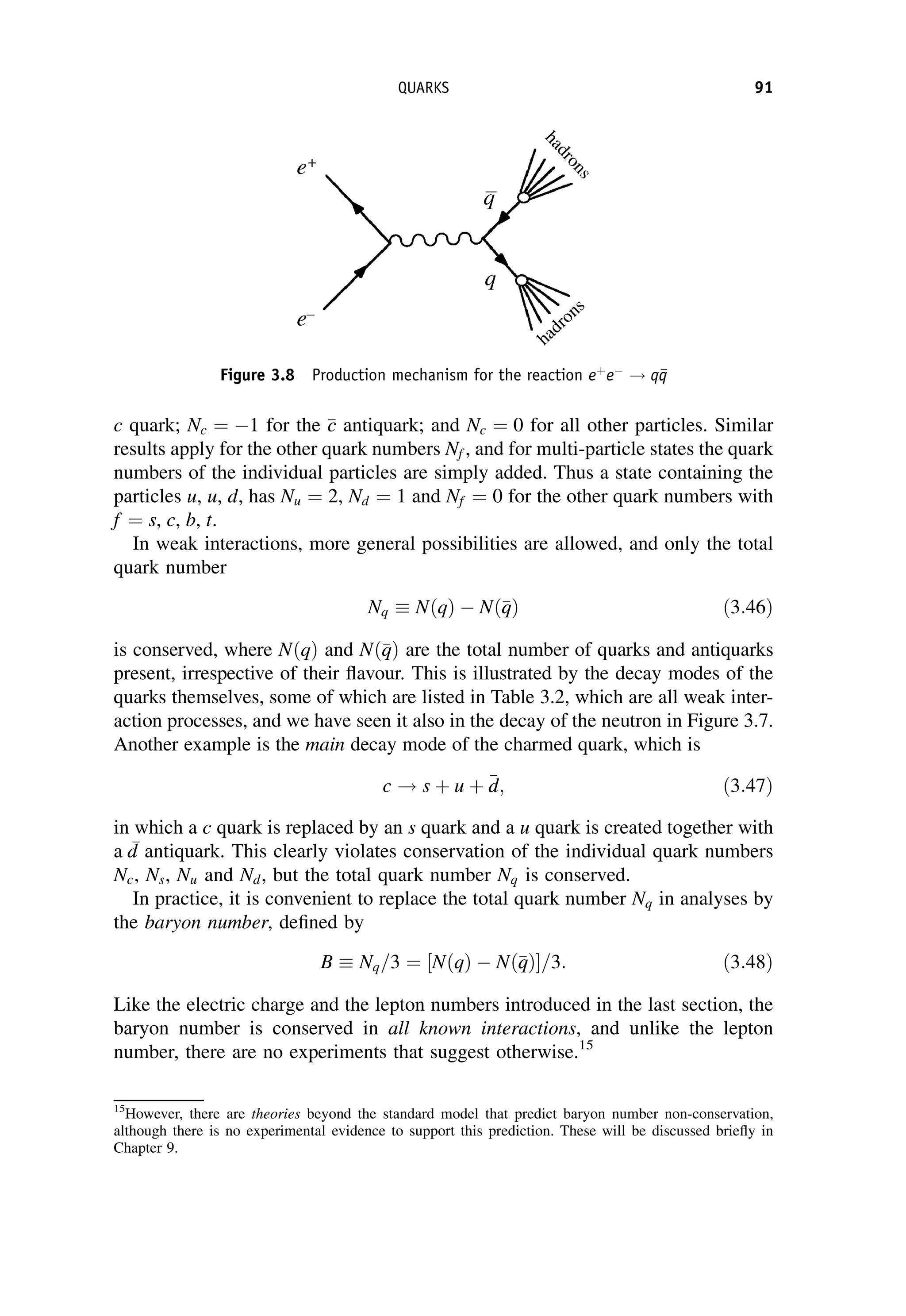 c quark; Nc ¼ 1 for the 
c
c antiquark; and Nc ¼ 0 for all other particles. Similar
results apply for the other quark numbers Nf , and for multi-particle states the quark
numbers of the individual particles are simply added. Thus a state containing the
particles u, u, d, has Nu ¼ 2, Nd ¼ 1 and Nf ¼ 0 for the other quark numbers with
f ¼ s, c, b, t.
In weak interactions, more general possibilities are allowed, and only the total
quark number
Nq NðqÞ  Nð
q
qÞ ð3:46Þ
is conserved, where NðqÞ and Nð
q
qÞ are the total number of quarks and antiquarks
present, irrespective of their flavour. This is illustrated by the decay modes of the
quarks themselves, some of which are listed in Table 3.2, which are all weak inter-
action processes, and we have seen it also in the decay of the neutron in Figure 3.7.
Another example is the main decay mode of the charmed quark, which is
c ! s þ u þ 
d
d; ð3:47Þ
in which a c quark is replaced by an s quark and a u quark is created together with
a 
d antiquark. This clearly violates conservation of the individual quark numbers
Nc, Ns, Nu and Nd, but the total quark number Nq is conserved.
In practice, it is convenient to replace the total quark number Nq in analyses by
the baryon number, defined by
B Nq=3 ¼ NðqÞ  Nð
q
qÞ
½ =3: ð3:48Þ
Like the electric charge and the lepton numbers introduced in the last section, the
baryon number is conserved in all known interactions, and unlike the lepton
number, there are no experiments that suggest otherwise.15
Figure 3.8 Production mechanism for the reaction eþ
e
! q
q
q
15
However, there are theories beyond the standard model that predict baryon number non-conservation,
although there is no experimental evidence to support this prediction. These will be discussed briefly in
Chapter 9.
QUARKS 91
 