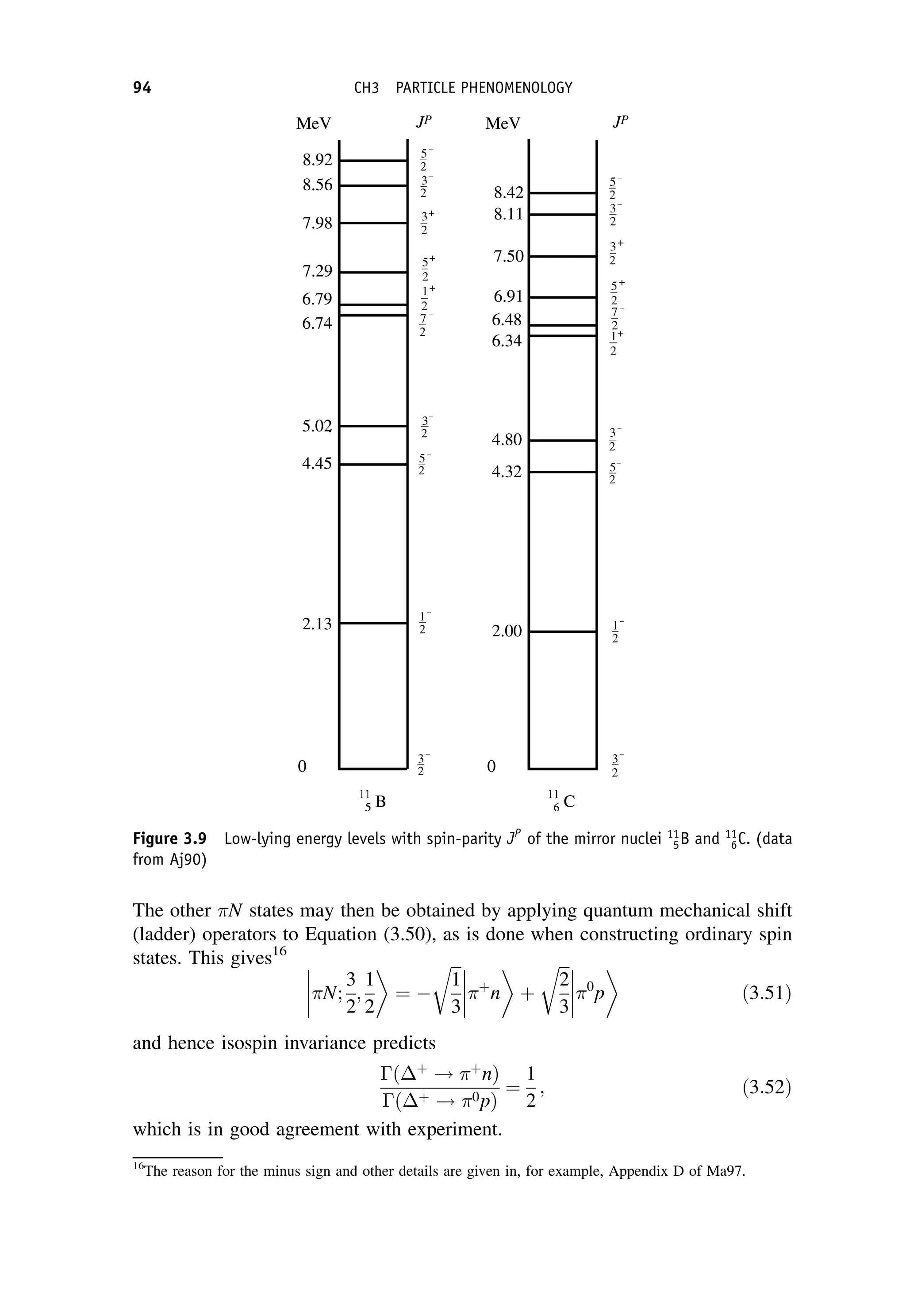 The other N states may then be obtained by applying quantum mechanical shift
(ladder) operators to Equation (3.50), as is done when constructing ordinary spin
states. This gives16
N;
3
2
;
1
2



 ¼ 
ﬃﬃﬃ
1
3
r 



þ
n þ
ﬃﬃﬃ
2
3
r 



0
p ð3:51Þ
and hence isospin invariance predicts
ðþ
! þ
nÞ
ðþ ! 0pÞ
¼
1
2
; ð3:52Þ
which is in good agreement with experiment.
16
The reason for the minus sign and other details are given in, for example, Appendix D of Ma97.
Figure 3.9 Low-lying energy levels with spin-parity JP
of the mirror nuclei 11
5B and 11
6C. (data
from Aj90)
94 CH3 PARTICLE PHENOMENOLOGY
 