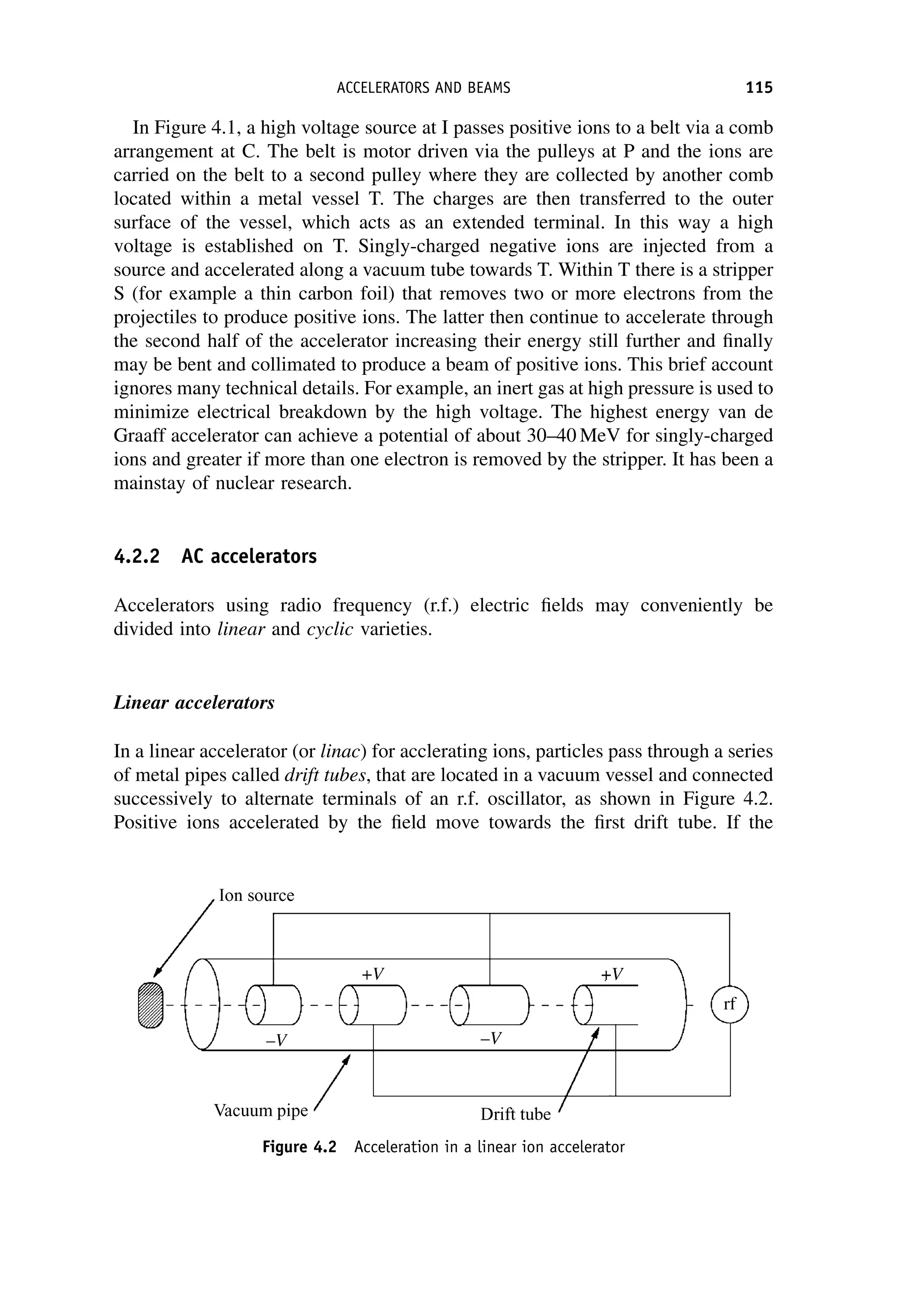 In Figure 4.1, a high voltage source at I passes positive ions to a belt via a comb
arrangement at C. The belt is motor driven via the pulleys at P and the ions are
carried on the belt to a second pulley where they are collected by another comb
located within a metal vessel T. The charges are then transferred to the outer
surface of the vessel, which acts as an extended terminal. In this way a high
voltage is established on T. Singly-charged negative ions are injected from a
source and accelerated along a vacuum tube towards T. Within T there is a stripper
S (for example a thin carbon foil) that removes two or more electrons from the
projectiles to produce positive ions. The latter then continue to accelerate through
the second half of the accelerator increasing their energy still further and finally
may be bent and collimated to produce a beam of positive ions. This brief account
ignores many technical details. For example, an inert gas at high pressure is used to
minimize electrical breakdown by the high voltage. The highest energy van de
Graaff accelerator can achieve a potential of about 30–40 MeV for singly-charged
ions and greater if more than one electron is removed by the stripper. It has been a
mainstay of nuclear research.
4.2.2 AC accelerators
Accelerators using radio frequency (r.f.) electric fields may conveniently be
divided into linear and cyclic varieties.
Linear accelerators
In a linear accelerator (or linac) for acclerating ions, particles pass through a series
of metal pipes called drift tubes, that are located in a vacuum vessel and connected
successively to alternate terminals of an r.f. oscillator, as shown in Figure 4.2.
Positive ions accelerated by the field move towards the first drift tube. If the
Figure 4.2 Acceleration in a linear ion accelerator
ACCELERATORS AND BEAMS 115
 