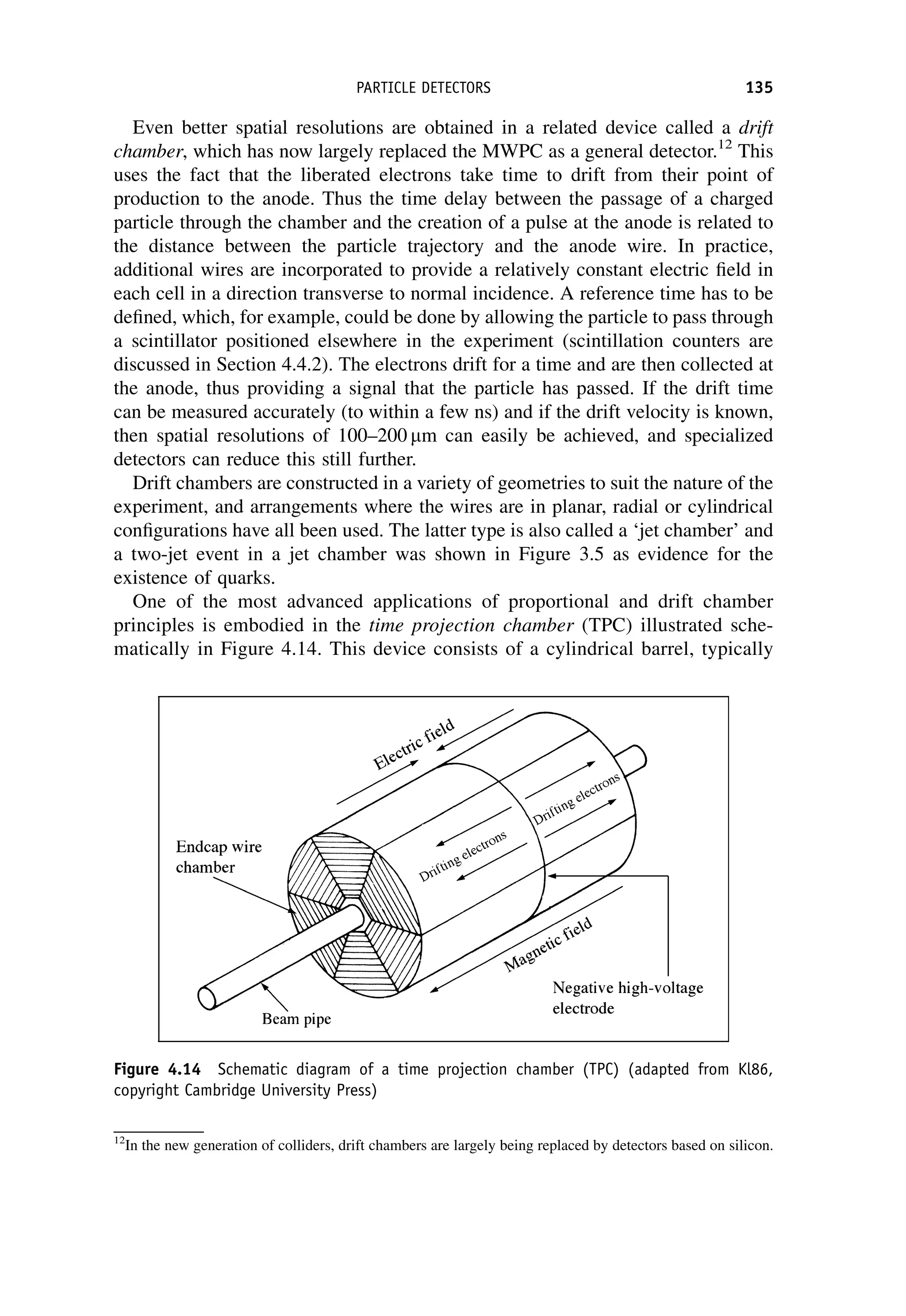 Even better spatial resolutions are obtained in a related device called a drift
chamber, which has now largely replaced the MWPC as a general detector.12
This
uses the fact that the liberated electrons take time to drift from their point of
production to the anode. Thus the time delay between the passage of a charged
particle through the chamber and the creation of a pulse at the anode is related to
the distance between the particle trajectory and the anode wire. In practice,
additional wires are incorporated to provide a relatively constant electric field in
each cell in a direction transverse to normal incidence. A reference time has to be
defined, which, for example, could be done by allowing the particle to pass through
a scintillator positioned elsewhere in the experiment (scintillation counters are
discussed in Section 4.4.2). The electrons drift for a time and are then collected at
the anode, thus providing a signal that the particle has passed. If the drift time
can be measured accurately (to within a few ns) and if the drift velocity is known,
then spatial resolutions of 100–200 mm can easily be achieved, and specialized
detectors can reduce this still further.
Drift chambers are constructed in a variety of geometries to suit the nature of the
experiment, and arrangements where the wires are in planar, radial or cylindrical
configurations have all been used. The latter type is also called a ‘jet chamber’ and
a two-jet event in a jet chamber was shown in Figure 3.5 as evidence for the
existence of quarks.
One of the most advanced applications of proportional and drift chamber
principles is embodied in the time projection chamber (TPC) illustrated sche-
matically in Figure 4.14. This device consists of a cylindrical barrel, typically
12
In the new generation of colliders, drift chambers are largely being replaced by detectors based on silicon.
Figure 4.14 Schematic diagram of a time projection chamber (TPC) (adapted from Kl86,
copyright Cambridge University Press)
PARTICLE DETECTORS 135
 