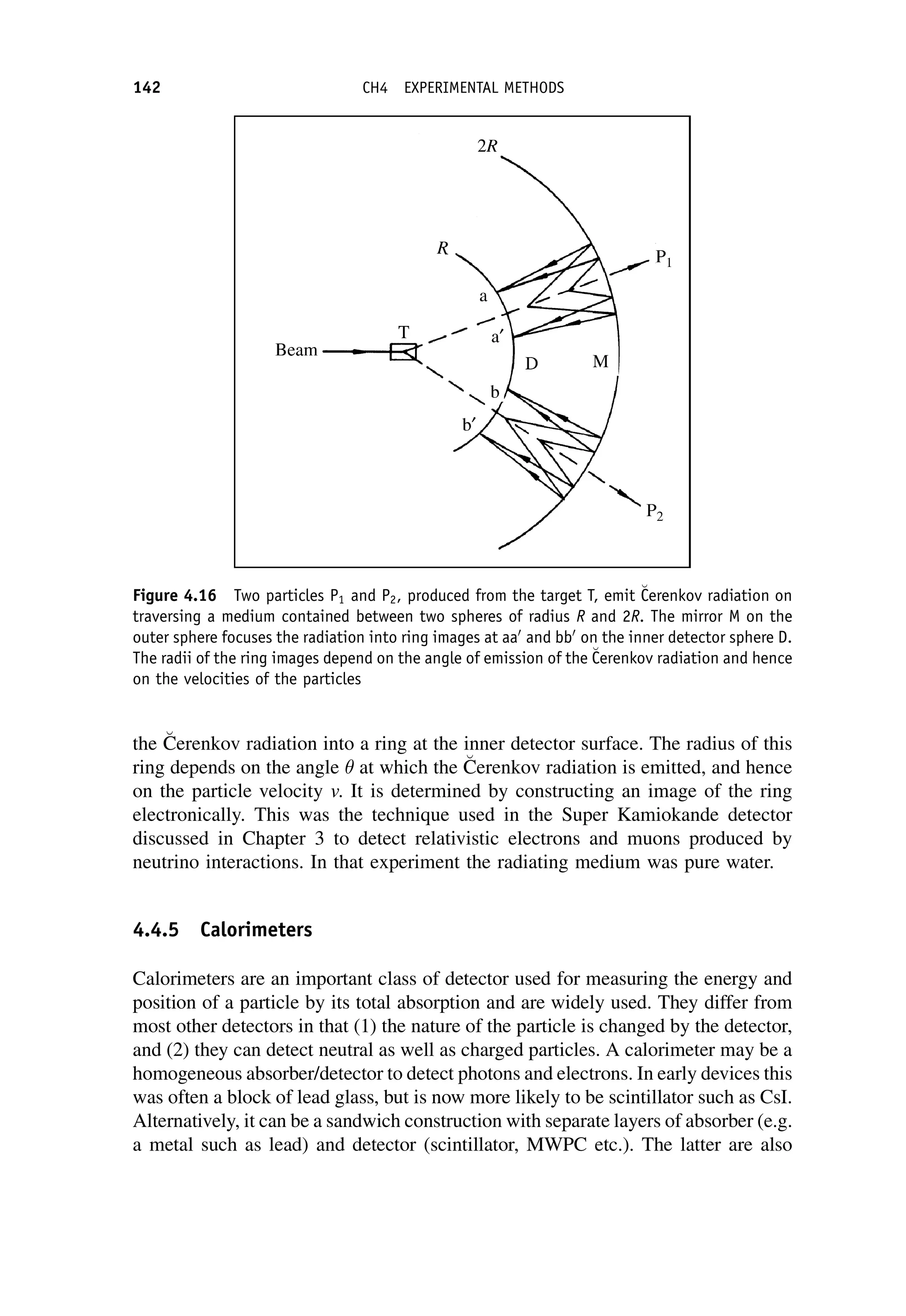 the 
C
Cerenkov radiation into a ring at the inner detector surface. The radius of this
ring depends on the angle  at which the 
C
Cerenkov radiation is emitted, and hence
on the particle velocity v. It is determined by constructing an image of the ring
electronically. This was the technique used in the Super Kamiokande detector
discussed in Chapter 3 to detect relativistic electrons and muons produced by
neutrino interactions. In that experiment the radiating medium was pure water.
4.4.5 Calorimeters
Calorimeters are an important class of detector used for measuring the energy and
position of a particle by its total absorption and are widely used. They differ from
most other detectors in that (1) the nature of the particle is changed by the detector,
and (2) they can detect neutral as well as charged particles. A calorimeter may be a
homogeneous absorber/detector to detect photons and electrons. In early devices this
was often a block of lead glass, but is now more likely to be scintillator such as CsI.
Alternatively, it can be a sandwich construction with separate layers of absorber (e.g.
a metal such as lead) and detector (scintillator, MWPC etc.). The latter are also
Figure 4.16 Two particles P1 and P2, produced from the target T, emit 
C
Cerenkov radiation on
traversing a medium contained between two spheres of radius R and 2R. The mirror M on the
outer sphere focuses the radiation into ring images at aa0
and bb0
on the inner detector sphere D.
The radii of the ring images depend on the angle of emission of the 
C
Cerenkov radiation and hence
on the velocities of the particles
142 CH4 EXPERIMENTAL METHODS
 