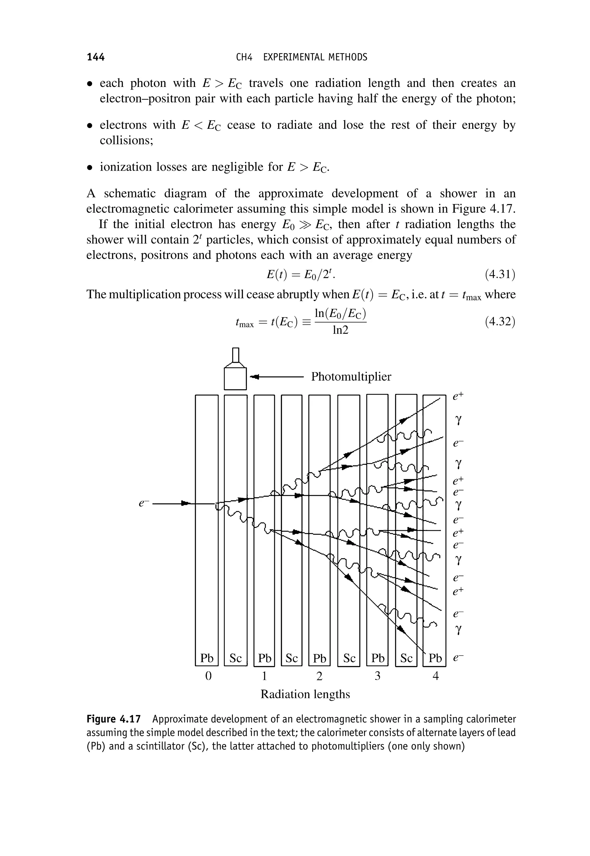 each photon with E  EC travels one radiation length and then creates an
electron–positron pair with each particle having half the energy of the photon;
 electrons with E  EC cease to radiate and lose the rest of their energy by
collisions;
 ionization losses are negligible for E  EC.
A schematic diagram of the approximate development of a shower in an
electromagnetic calorimeter assuming this simple model is shown in Figure 4.17.
If the initial electron has energy E0 EC, then after t radiation lengths the
shower will contain 2t
particles, which consist of approximately equal numbers of
electrons, positrons and photons each with an average energy
EðtÞ ¼ E0=2t
: ð4:31Þ
The multiplication process will cease abruptly when EðtÞ ¼ EC, i.e. at t ¼ tmax where
tmax ¼ t EC
ð Þ
ln E0=EC
ð Þ
ln2
ð4:32Þ
Figure 4.17 Approximate development of an electromagnetic shower in a sampling calorimeter
assuming the simple model described in the text; the calorimeter consists of alternate layers of lead
(Pb) and a scintillator (Sc), the latter attached to photomultipliers (one only shown)
144 CH4 EXPERIMENTAL METHODS
 