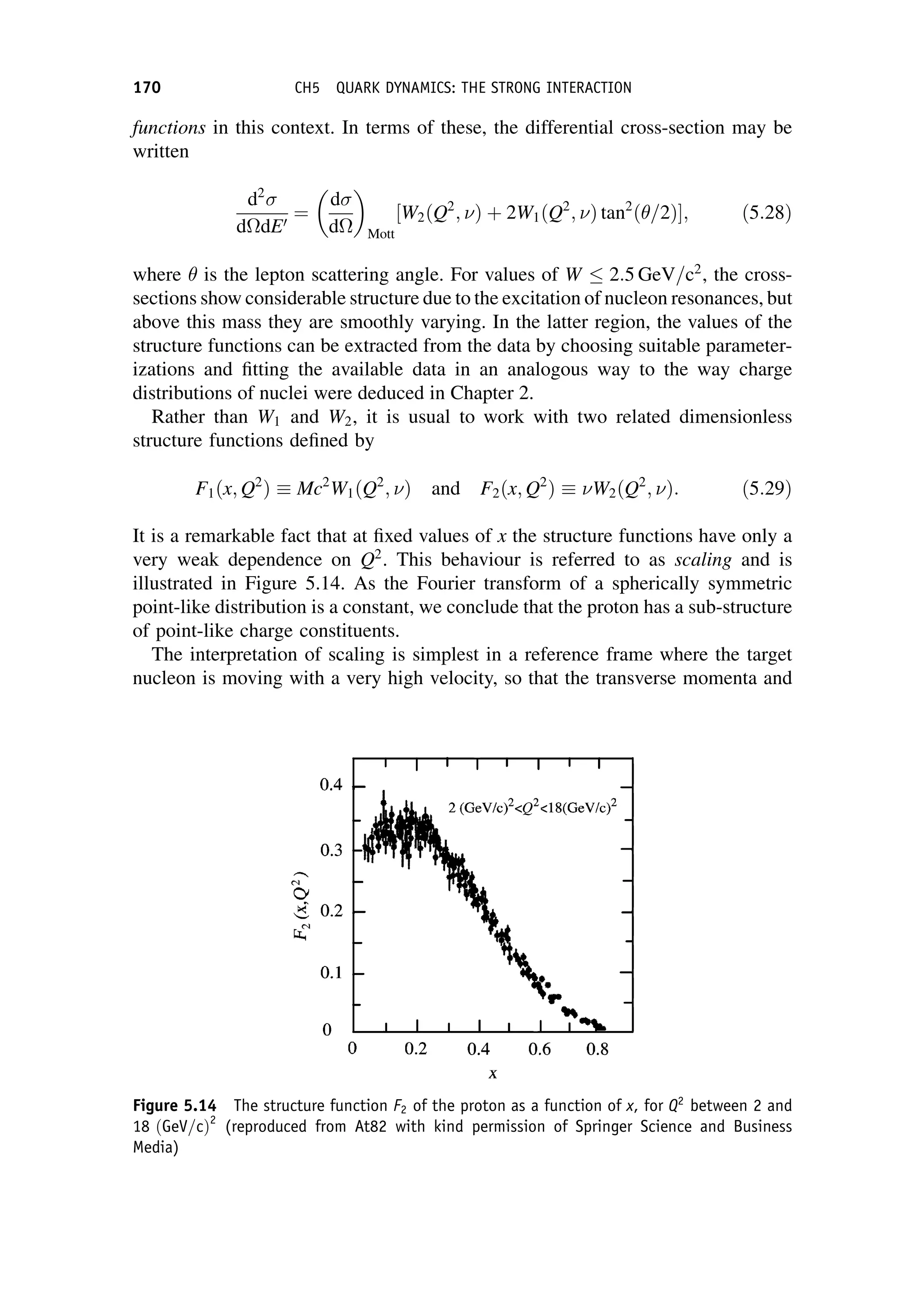 functions in this context. In terms of these, the differential cross-section may be
written
d2

ddE0
¼
d
d
 
Mott
½W2ðQ2
; Þ þ 2W1ðQ2
; Þ tan2
ð=2Þ ; ð5:28Þ
where  is the lepton scattering angle. For values of W 2:5 GeV=c2
, the cross-
sections show considerable structure due to the excitation of nucleon resonances, but
above this mass they are smoothly varying. In the latter region, the values of the
structure functions can be extracted from the data by choosing suitable parameter-
izations and fitting the available data in an analogous way to the way charge
distributions of nuclei were deduced in Chapter 2.
Rather than W1 and W2, it is usual to work with two related dimensionless
structure functions defined by
F1ðx; Q2
Þ  Mc2
W1ðQ2
; Þ and F2ðx; Q2
Þ  W2ðQ2
; Þ: ð5:29Þ
It is a remarkable fact that at fixed values of x the structure functions have only a
very weak dependence on Q2
. This behaviour is referred to as scaling and is
illustrated in Figure 5.14. As the Fourier transform of a spherically symmetric
point-like distribution is a constant, we conclude that the proton has a sub-structure
of point-like charge constituents.
The interpretation of scaling is simplest in a reference frame where the target
nucleon is moving with a very high velocity, so that the transverse momenta and
Figure 5.14 The structure function F2 of the proton as a function of x, for Q2
between 2 and
18 ðGeV=cÞ2
(reproduced from At82 with kind permission of Springer Science and Business
Media)
170 CH5 QUARK DYNAMICS: THE STRONG INTERACTION
 