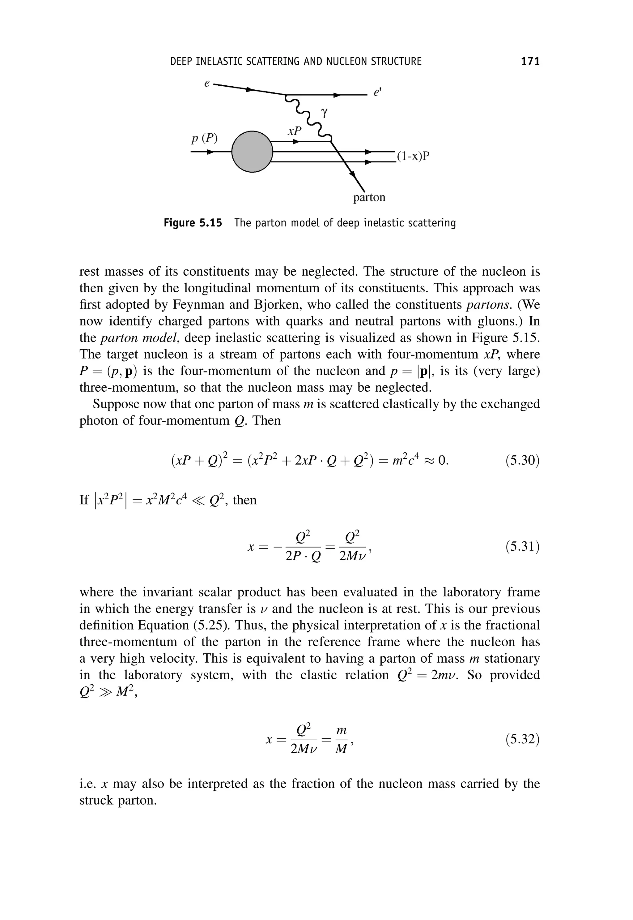 rest masses of its constituents may be neglected. The structure of the nucleon is
then given by the longitudinal momentum of its constituents. This approach was
first adopted by Feynman and Bjorken, who called the constituents partons. (We
now identify charged partons with quarks and neutral partons with gluons.) In
the parton model, deep inelastic scattering is visualized as shown in Figure 5.15.
The target nucleon is a stream of partons each with four-momentum xP, where
P ¼ ðp; pÞ is the four-momentum of the nucleon and p ¼ p
j j, is its (very large)
three-momentum, so that the nucleon mass may be neglected.
Suppose now that one parton of mass m is scattered elastically by the exchanged
photon of four-momentum Q. Then
ðxP þ QÞ2
¼ ðx2
P2
þ 2xP  Q þ Q2
Þ ¼ m2
c4
0: ð5:30Þ
If x2
P2



 ¼ x2
M2
c4
 Q2
, then
x ¼ 
Q2
2P  Q
¼
Q2
2M
; ð5:31Þ
where the invariant scalar product has been evaluated in the laboratory frame
in which the energy transfer is  and the nucleon is at rest. This is our previous
definition Equation (5.25). Thus, the physical interpretation of x is the fractional
three-momentum of the parton in the reference frame where the nucleon has
a very high velocity. This is equivalent to having a parton of mass m stationary
in the laboratory system, with the elastic relation Q2
¼ 2m. So provided
Q2
 M2
,
x ¼
Q2
2M
¼
m
M
; ð5:32Þ
i.e. x may also be interpreted as the fraction of the nucleon mass carried by the
struck parton.
Figure 5.15 The parton model of deep inelastic scattering
DEEP INELASTIC SCATTERING AND NUCLEON STRUCTURE 171
 