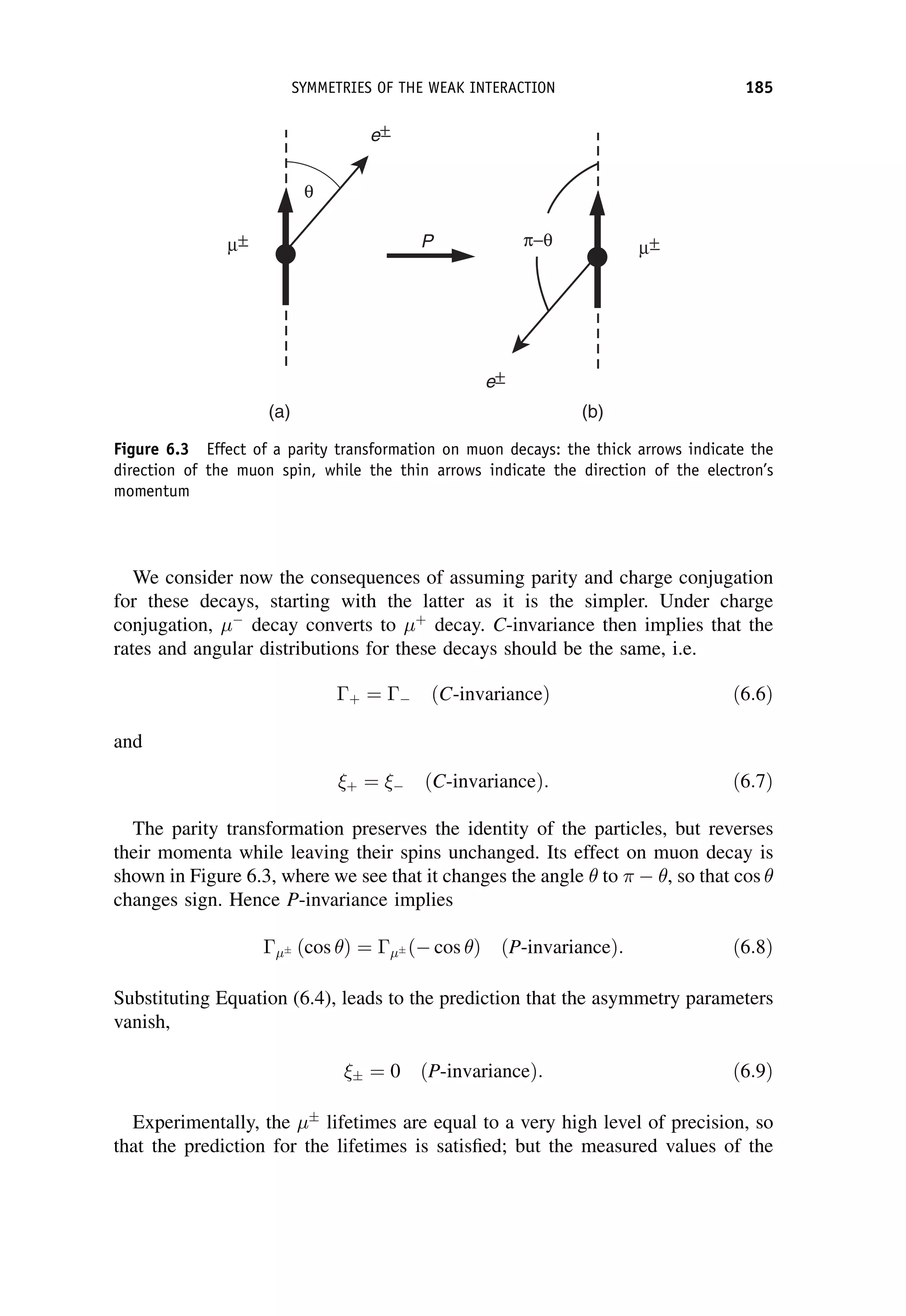 We consider now the consequences of assuming parity and charge conjugation
for these decays, starting with the latter as it is the simpler. Under charge
conjugation, 
decay converts to þ
decay. C-invariance then implies that the
rates and angular distributions for these decays should be the same, i.e.
þ ¼  ðC-invarianceÞ ð6:6Þ
and
þ ¼  ðC-invarianceÞ: ð6:7Þ
The parity transformation preserves the identity of the particles, but reverses
their momenta while leaving their spins unchanged. Its effect on muon decay is
shown in Figure 6.3, where we see that it changes the angle to   , so that cos
changes sign. Hence P-invariance implies
 cos
ð Þ ¼   cos
ð Þ ðP-invarianceÞ: ð6:8Þ
Substituting Equation (6.4), leads to the prediction that the asymmetry parameters
vanish,
 ¼ 0 ðP-invarianceÞ: ð6:9Þ
Experimentally, the 
lifetimes are equal to a very high level of precision, so
that the prediction for the lifetimes is satisfied; but the measured values of the
µ+
θ
− µ+
−
e+
e+
−
−
P π−θ
(a) (b)
Figure 6.3 Effect of a parity transformation on muon decays: the thick arrows indicate the
direction of the muon spin, while the thin arrows indicate the direction of the electron’s
momentum
SYMMETRIES OF THE WEAK INTERACTION 185
 